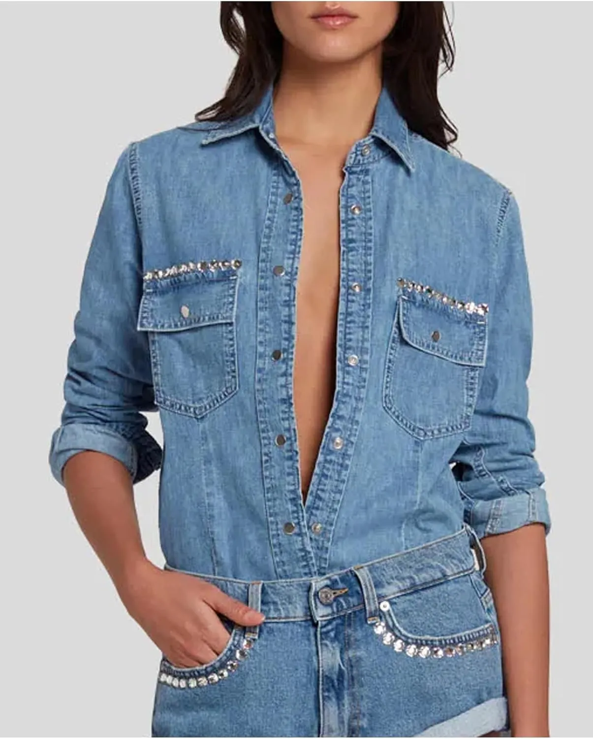 Women's Button Down Denim Shirt Rhinestone Beading Long Sleeve Collared V Neck Jean Tops