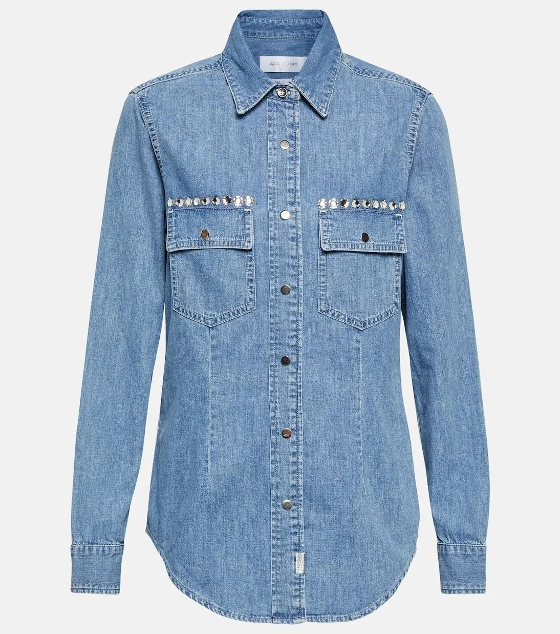 Women's Button Down Denim Shirt Rhinestone Beading Long Sleeve Collared V Neck Jean Tops