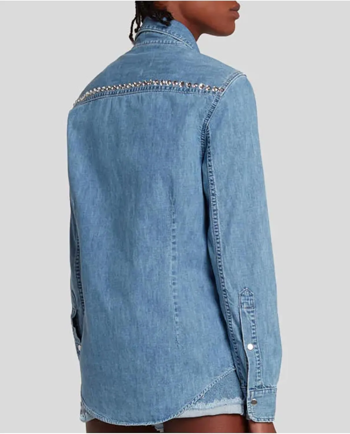 Women's Button Down Denim Shirt Rhinestone Beading Long Sleeve Collared V Neck Jean Tops