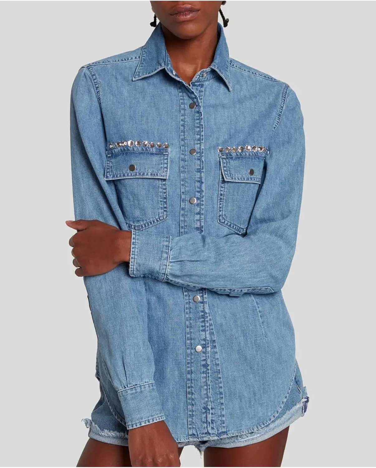 Women's Button Down Denim Shirt Rhinestone Beading Long Sleeve Collared V Neck Jean Tops
