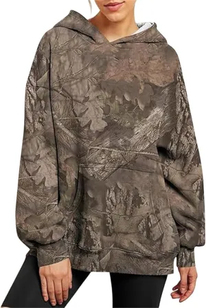 Womens Camo Hoodies Sweatshirts Long Sleeve Pullover Fleece Oversized Sweaters Casual Loose Tops with Pocket