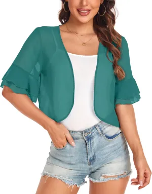 Women's Cardigan Bolero Shrug Ruffle Short Sleeve Open Front Loose Sheer Jackets for Tops
