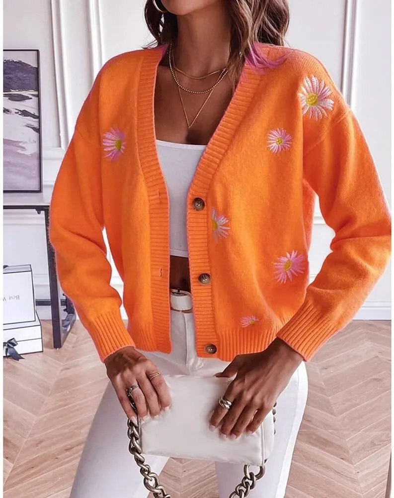 Women's Cardigan Sweater, Floral Print Knit Long Sleeve Sweater V Neck Embroidery Outerwear Tops Knitwear Coat for Lady (S Orange)
