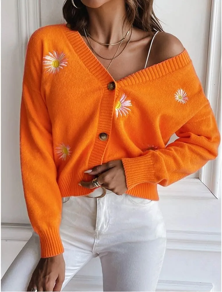 Women's Cardigan Sweater, Floral Print Knit Long Sleeve Sweater V Neck Embroidery Outerwear Tops Knitwear Coat for Lady (S Orange)