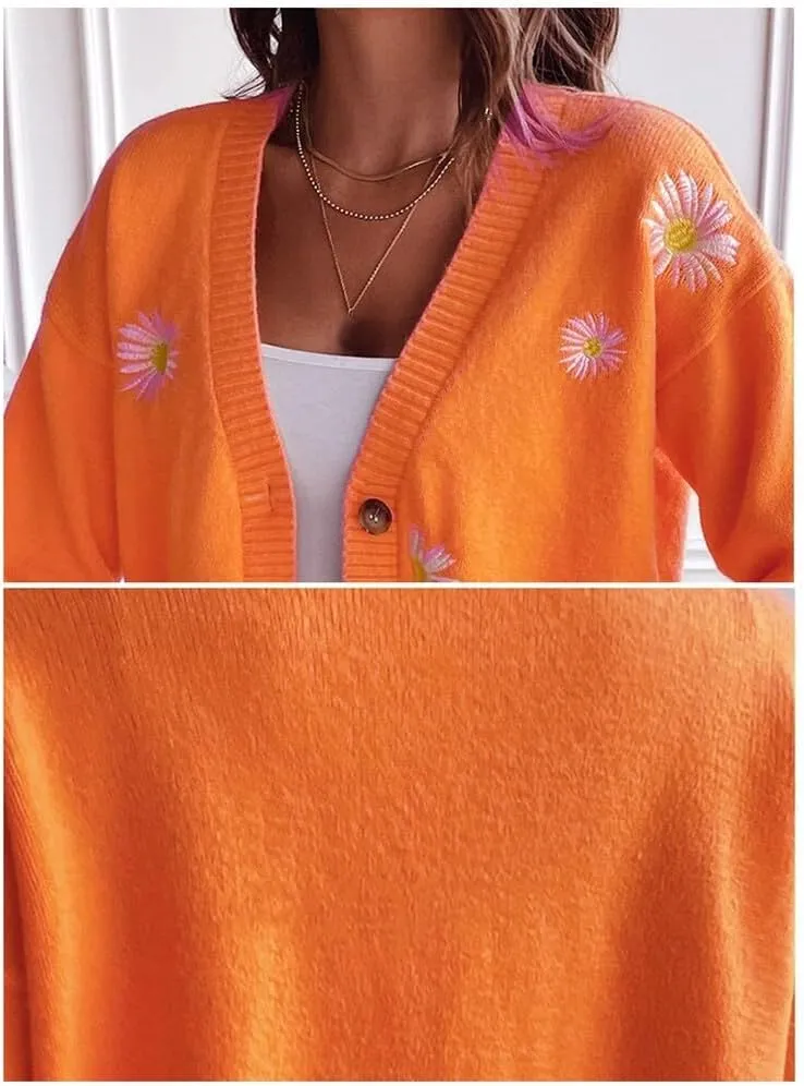 Women's Cardigan Sweater, Floral Print Knit Long Sleeve Sweater V Neck Embroidery Outerwear Tops Knitwear Coat for Lady (S Orange)