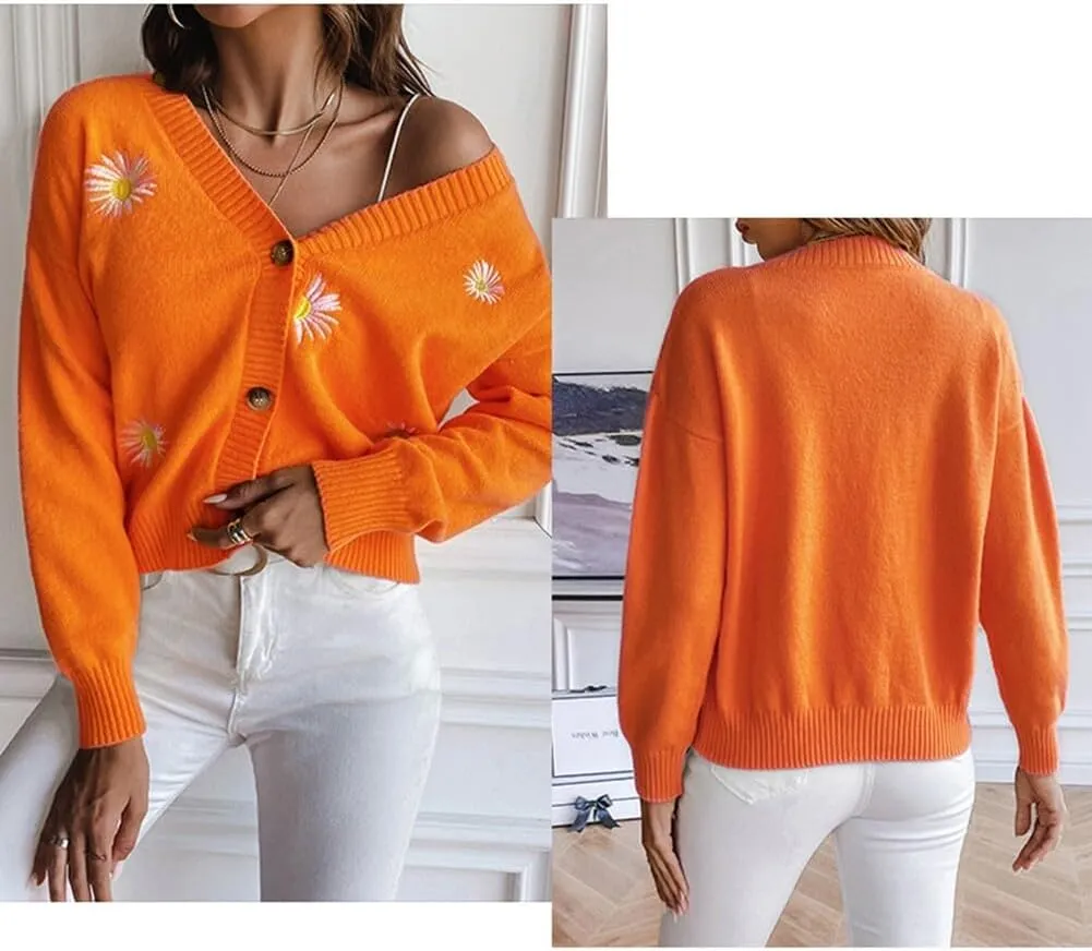 Women's Cardigan Sweater, Floral Print Knit Long Sleeve Sweater V Neck Embroidery Outerwear Tops Knitwear Coat for Lady (S Orange)