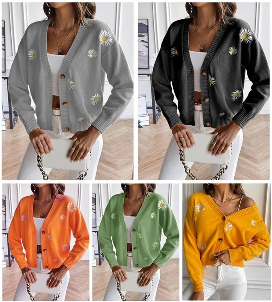 Women's Cardigan Sweater, Floral Print Knit Long Sleeve Sweater V Neck Embroidery Outerwear Tops Knitwear Coat for Lady (S Orange)
