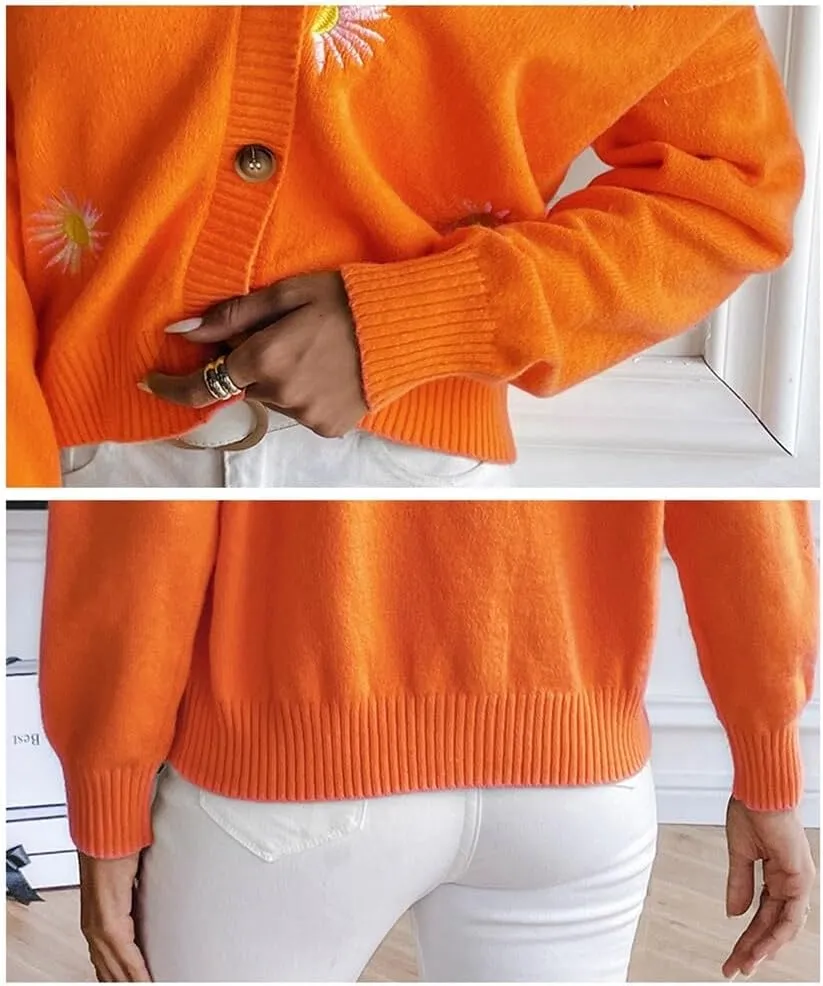 Women's Cardigan Sweater, Floral Print Knit Long Sleeve Sweater V Neck Embroidery Outerwear Tops Knitwear Coat for Lady (S Orange)
