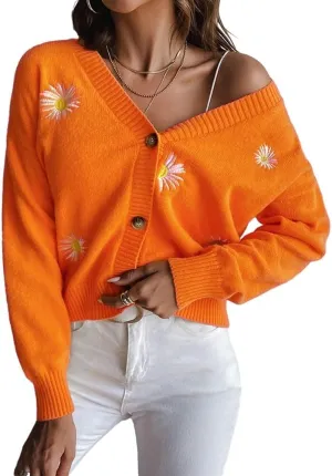 Women's Cardigan Sweater, Floral Print Knit Long Sleeve Sweater V Neck Embroidery Outerwear Tops Knitwear Coat for Lady (S Orange)