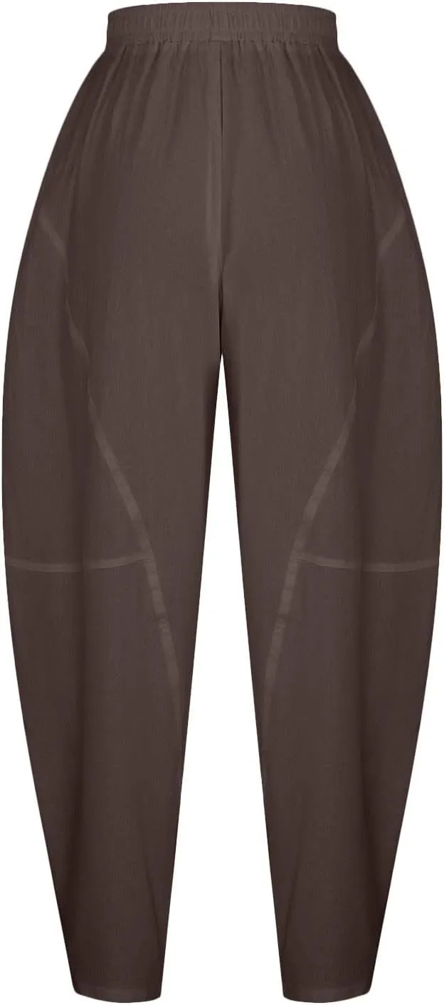 Womens Casual Cotton Linen Baggy Pants Elastic Waist Harem Trousers with Pockets Solid Casual Lightweight Pants