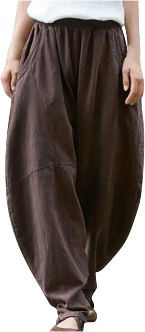 Womens Casual Cotton Linen Baggy Pants Elastic Waist Harem Trousers with Pockets Solid Casual Lightweight Pants