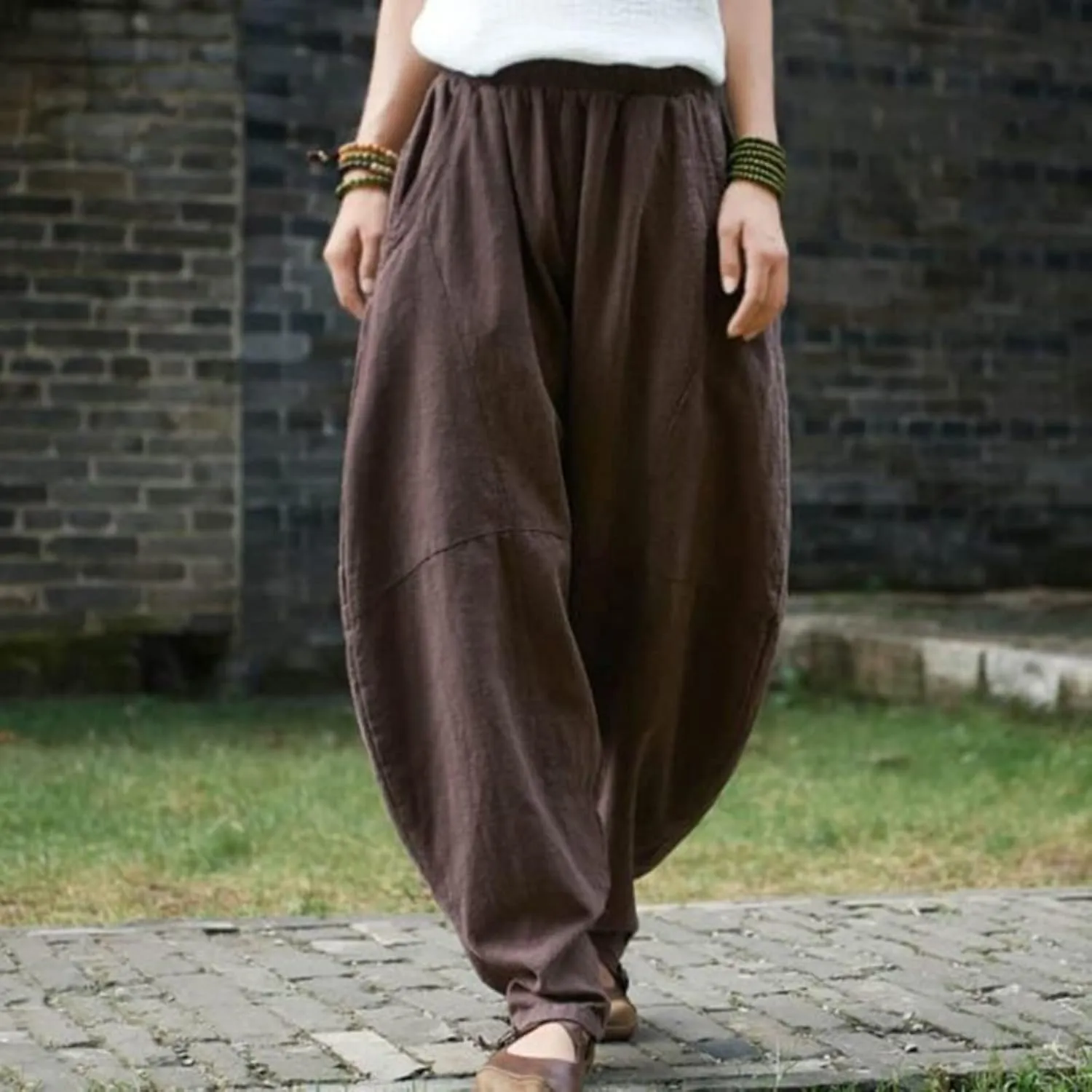 Womens Casual Cotton Linen Baggy Pants Elastic Waist Harem Trousers with Pockets Solid Casual Lightweight Pants