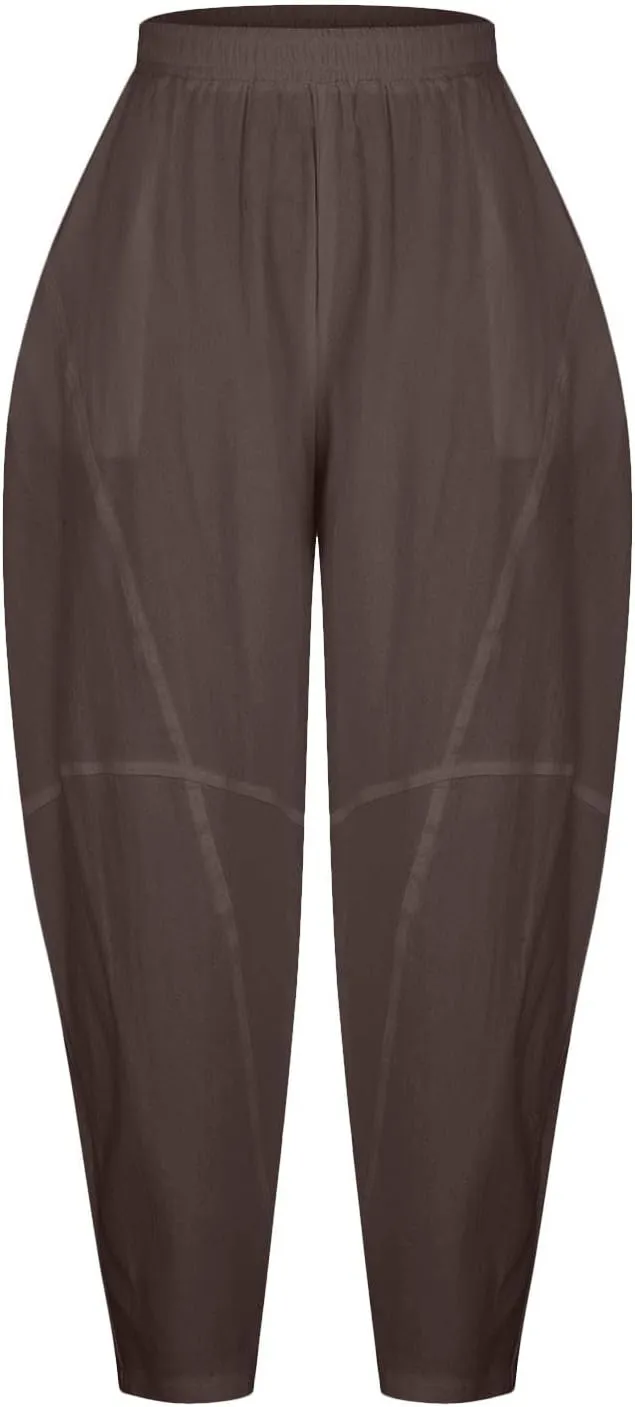 Womens Casual Cotton Linen Baggy Pants Elastic Waist Harem Trousers with Pockets Solid Casual Lightweight Pants
