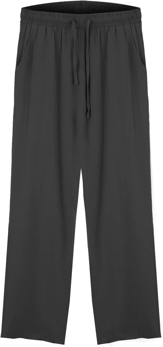 Women's Casual Cotton Linen Pants Summer Drawstring Elastic Waist Solid Plus Size Lounge Long Trousers with Pockets