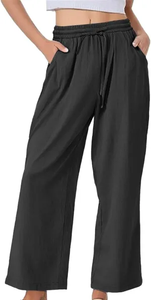 Women's Casual Cotton Linen Pants Summer Drawstring Elastic Waist Solid Plus Size Lounge Long Trousers with Pockets