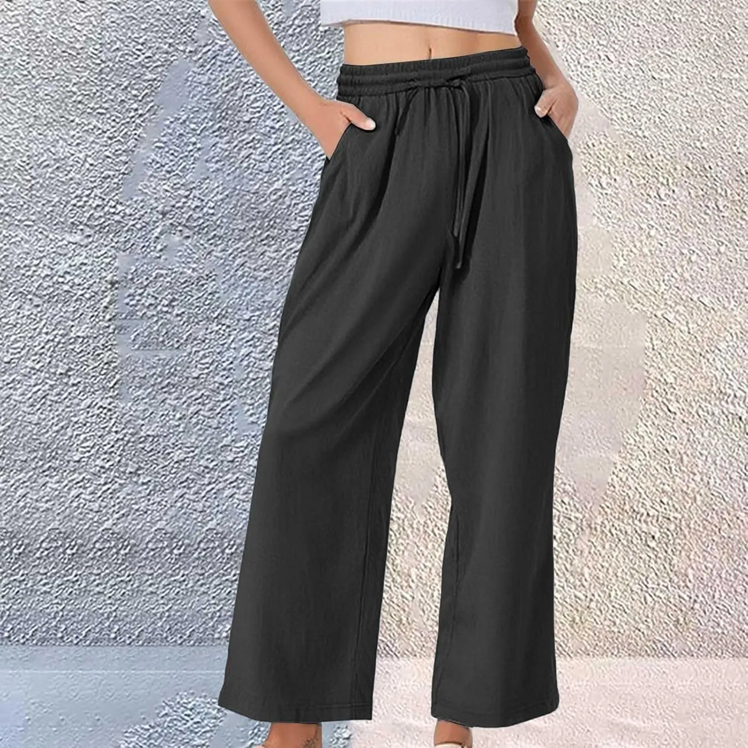 Women's Casual Cotton Linen Pants Summer Drawstring Elastic Waist Solid Plus Size Lounge Long Trousers with Pockets