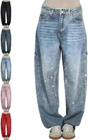 Women's Casual Rhinestone Loose Harem Jeans,Womens High Waisted Baggy Rhinestone Jeans,Straight Wide Leg Bling Denim Pants