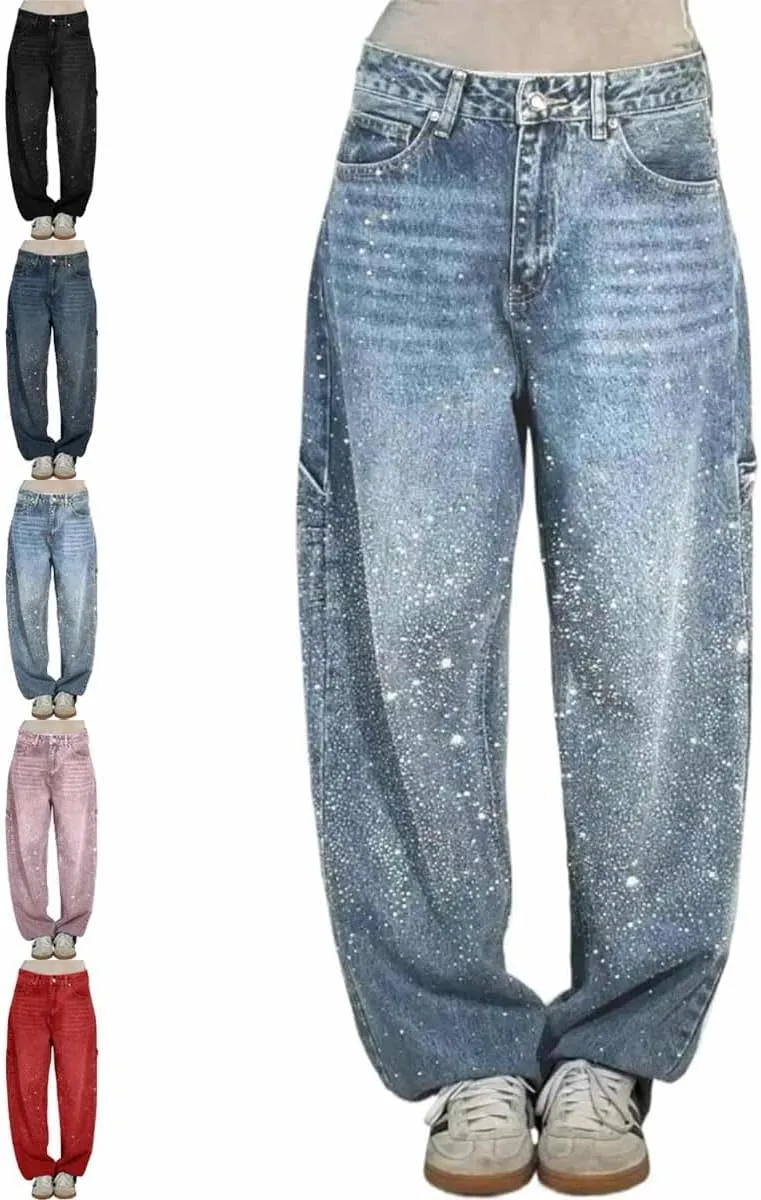 Women's Casual Rhinestone Loose Harem Jeans,Womens High Waisted Baggy Rhinestone Jeans,Straight Wide Leg Bling Denim Pants
