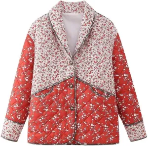 Women's Cottagecore Oversized Puffer Coat Aesthetics Floral Quilted Down Jacket Altnertive Hidden Button Long Sleeve Top