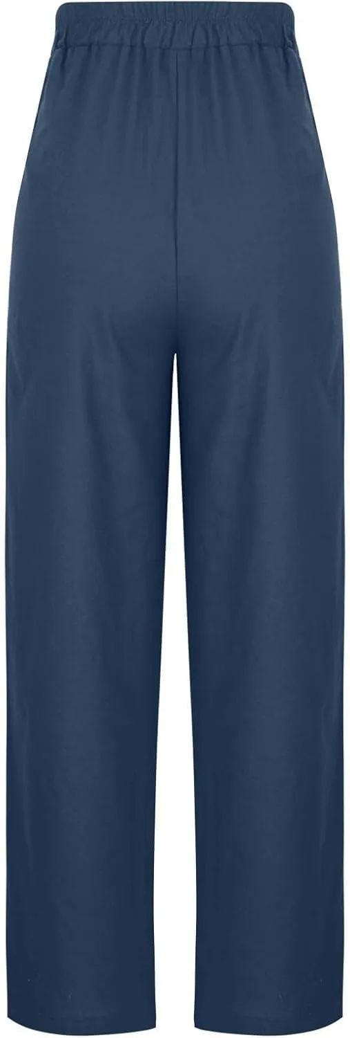 Womens Cotton Linen Wide Leg Pants Back Elastic Waist Flowy Pants with Side Pockets Casual Baggy Palazzo Trousers