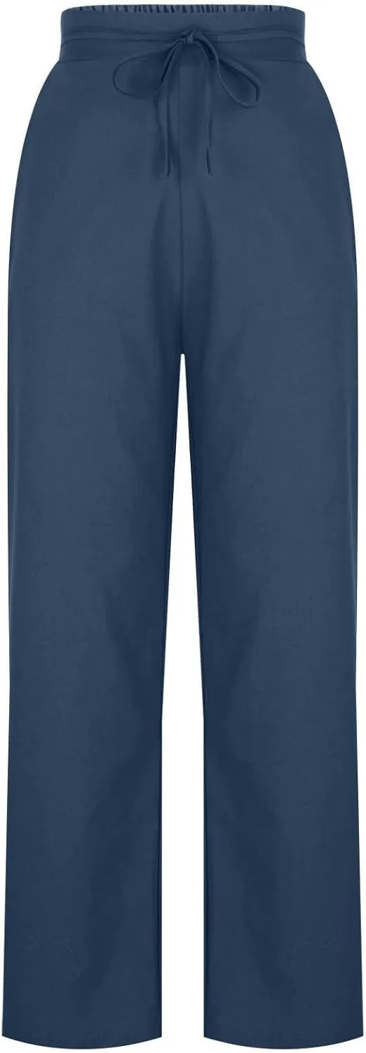 Womens Cotton Linen Wide Leg Pants Back Elastic Waist Flowy Pants with Side Pockets Casual Baggy Palazzo Trousers