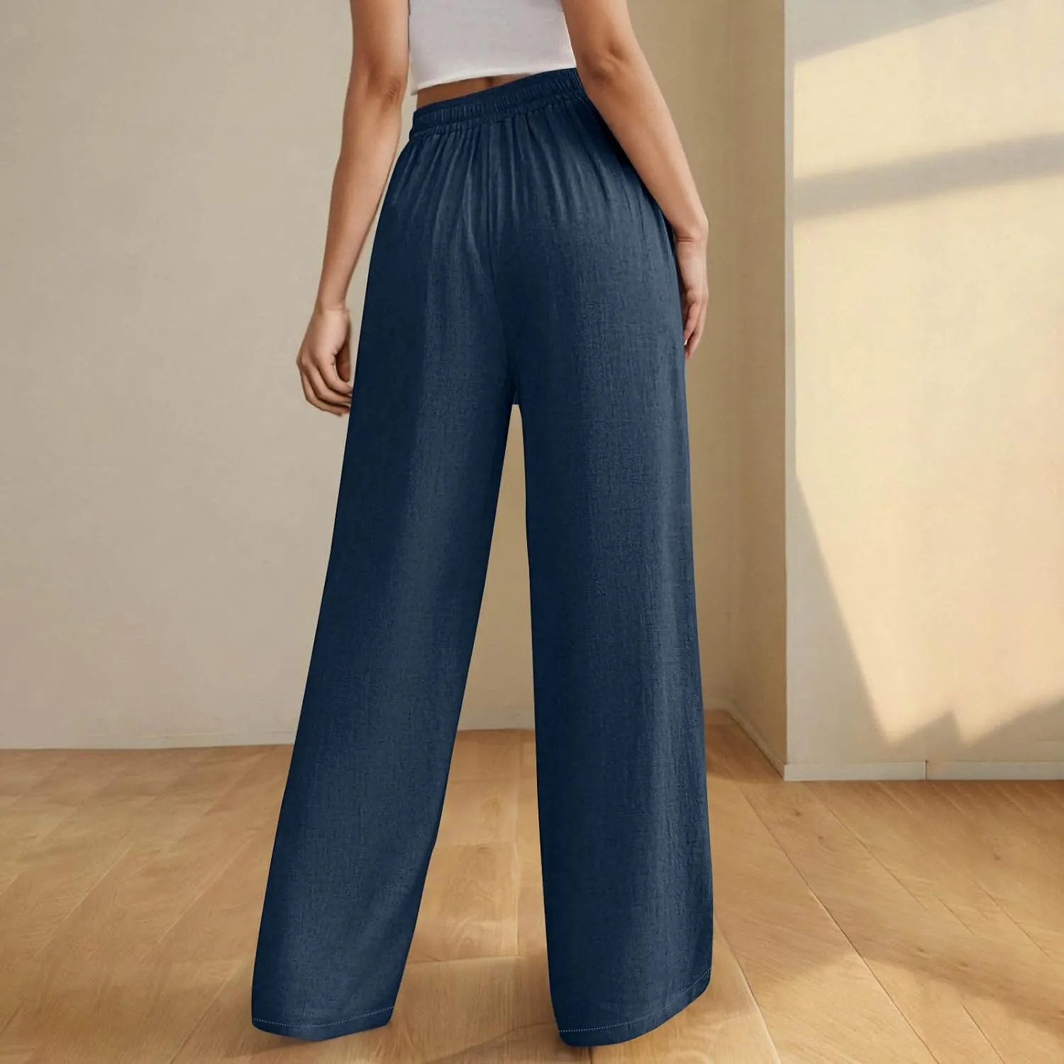 Womens Cotton Linen Wide Leg Pants Back Elastic Waist Flowy Pants with Side Pockets Casual Baggy Palazzo Trousers