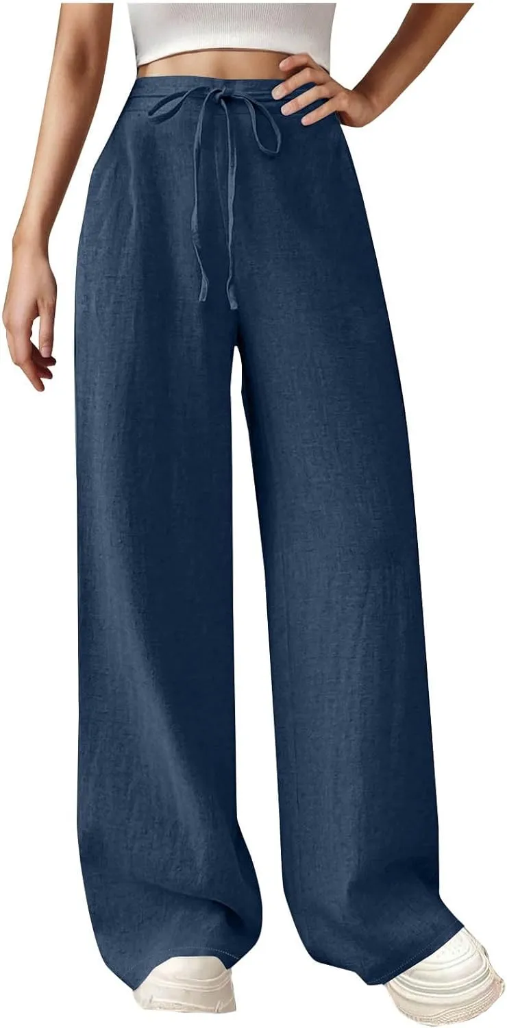 Womens Cotton Linen Wide Leg Pants Back Elastic Waist Flowy Pants with Side Pockets Casual Baggy Palazzo Trousers