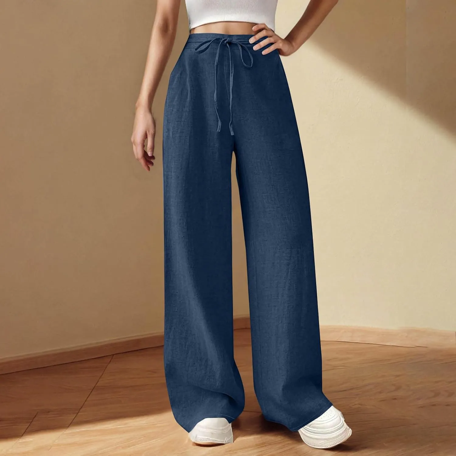 Womens Cotton Linen Wide Leg Pants Back Elastic Waist Flowy Pants with Side Pockets Casual Baggy Palazzo Trousers