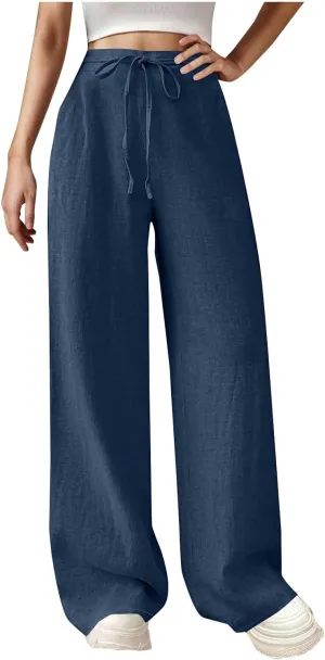 Womens Cotton Linen Wide Leg Pants Back Elastic Waist Flowy Pants with Side Pockets Casual Baggy Palazzo Trousers