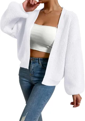 Women's Crop Cardigan Swewater Long Lantern Sleeve Bishop Open Front Ribbed Knit Sweater