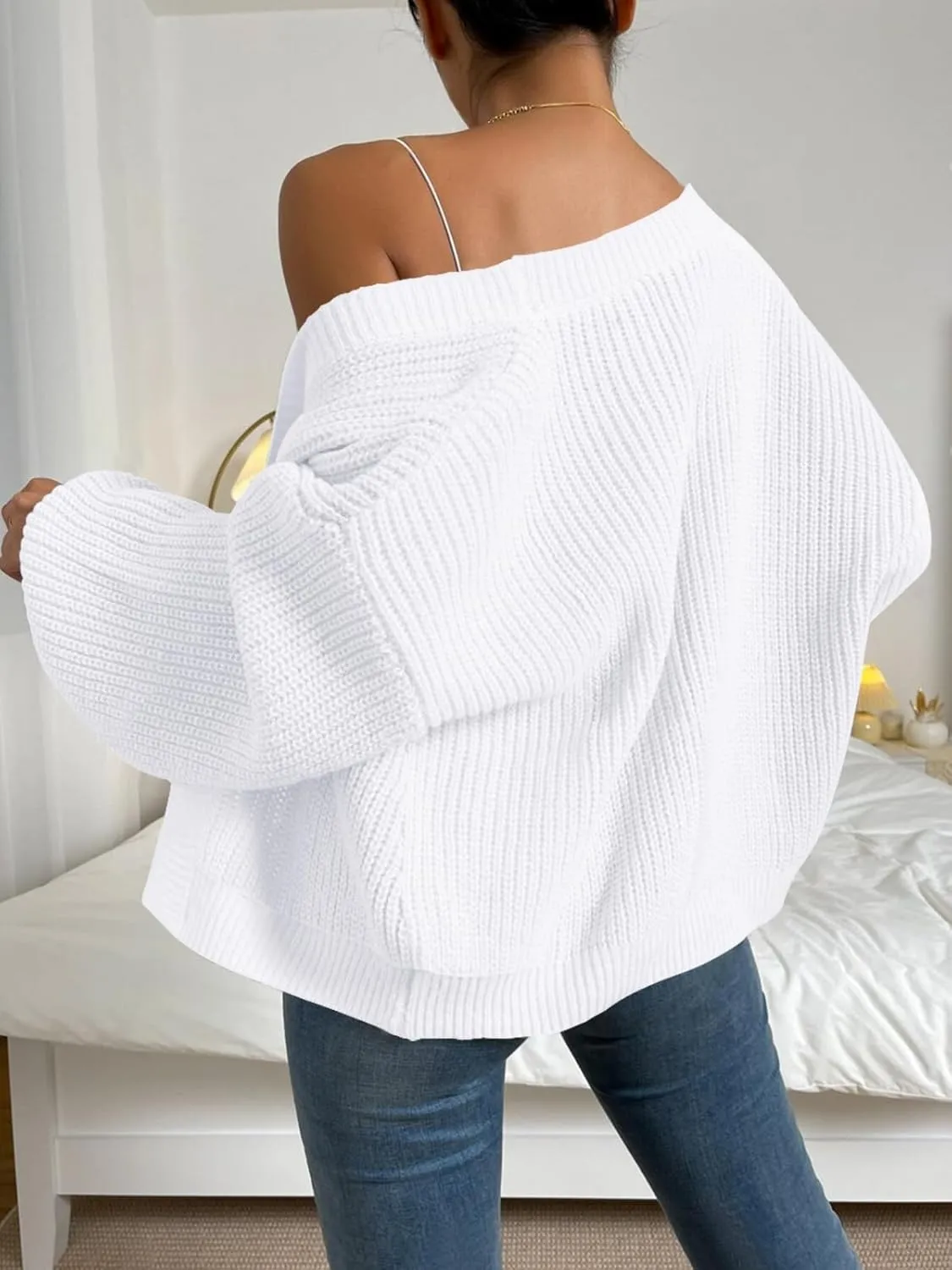 Women's Crop Cardigan Swewater Long Lantern Sleeve Bishop Open Front Ribbed Knit Sweater