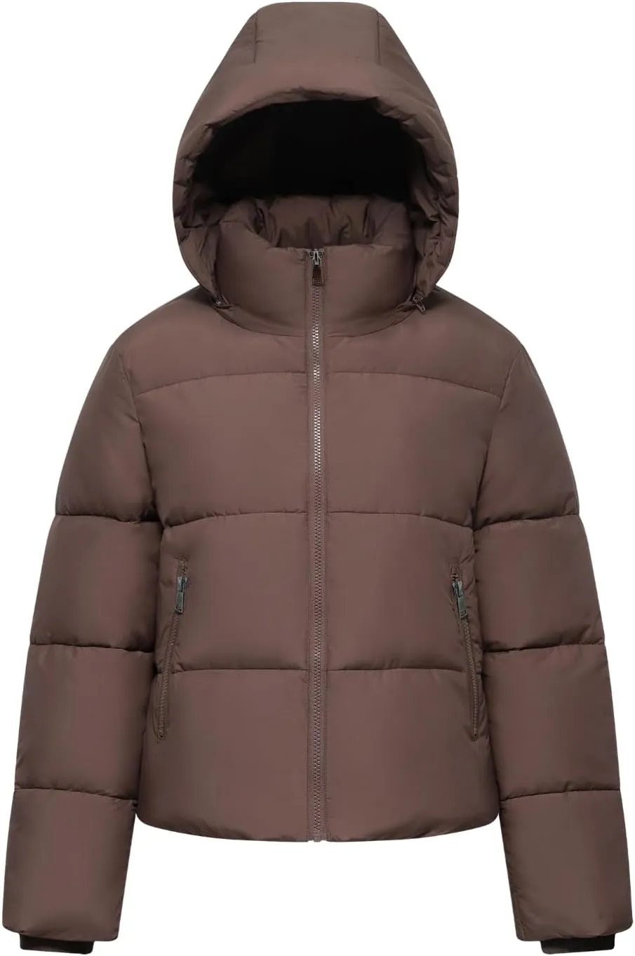Women's Cropped Puffer Jackets,Warm Winter Jacket with Removable Hood,Zipped Pockets,Short Ladies Quilted Coat