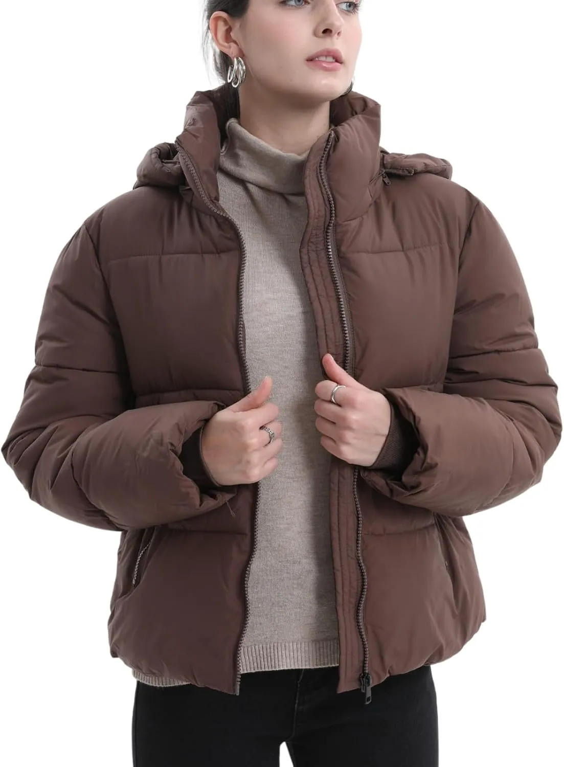 Women's Cropped Puffer Jackets,Warm Winter Jacket with Removable Hood,Zipped Pockets,Short Ladies Quilted Coat