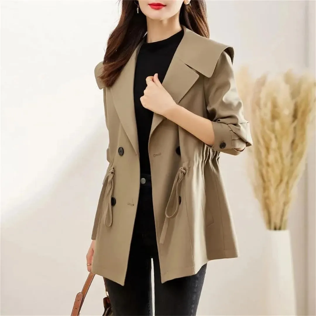 Women's Double Breasted Trench Coat Turn-Down Collar Button Jacket