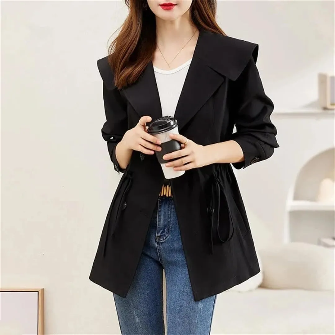 Women's Double Breasted Trench Coat Turn-Down Collar Button Jacket