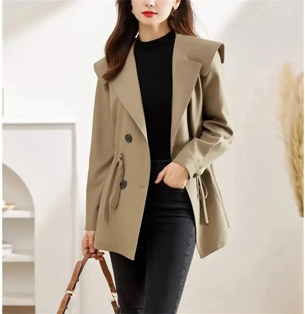 Women's Double Breasted Trench Coat Turn-Down Collar Button Jacket