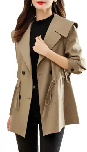 Women's Double Breasted Trench Coat Turn-Down Collar Button Jacket
