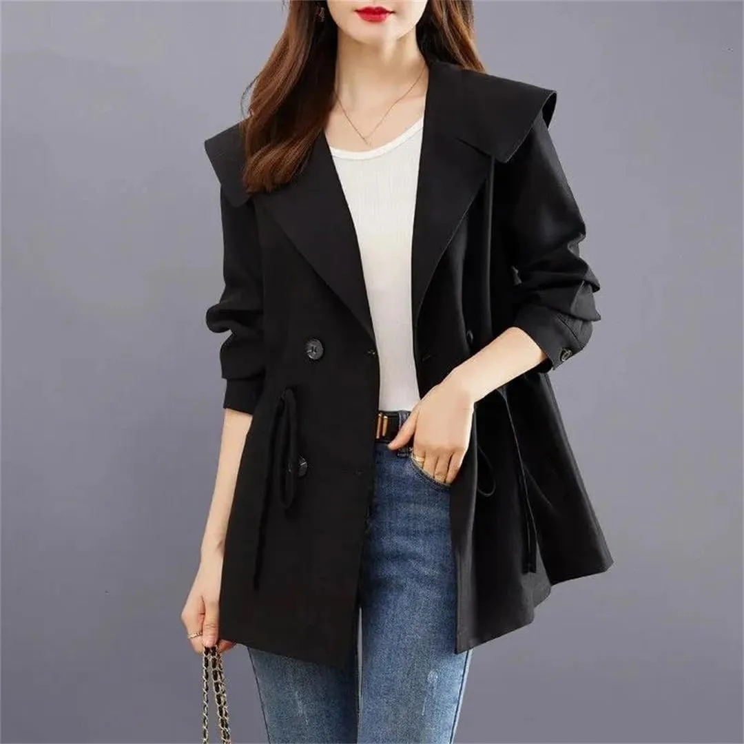 Women's Double Breasted Trench Coat Turn-Down Collar Button Jacket