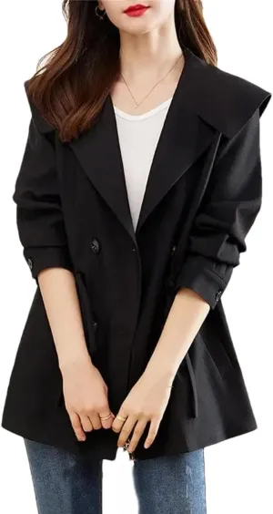 Women's Double Breasted Trench Coat Turn-Down Collar Button Jacket