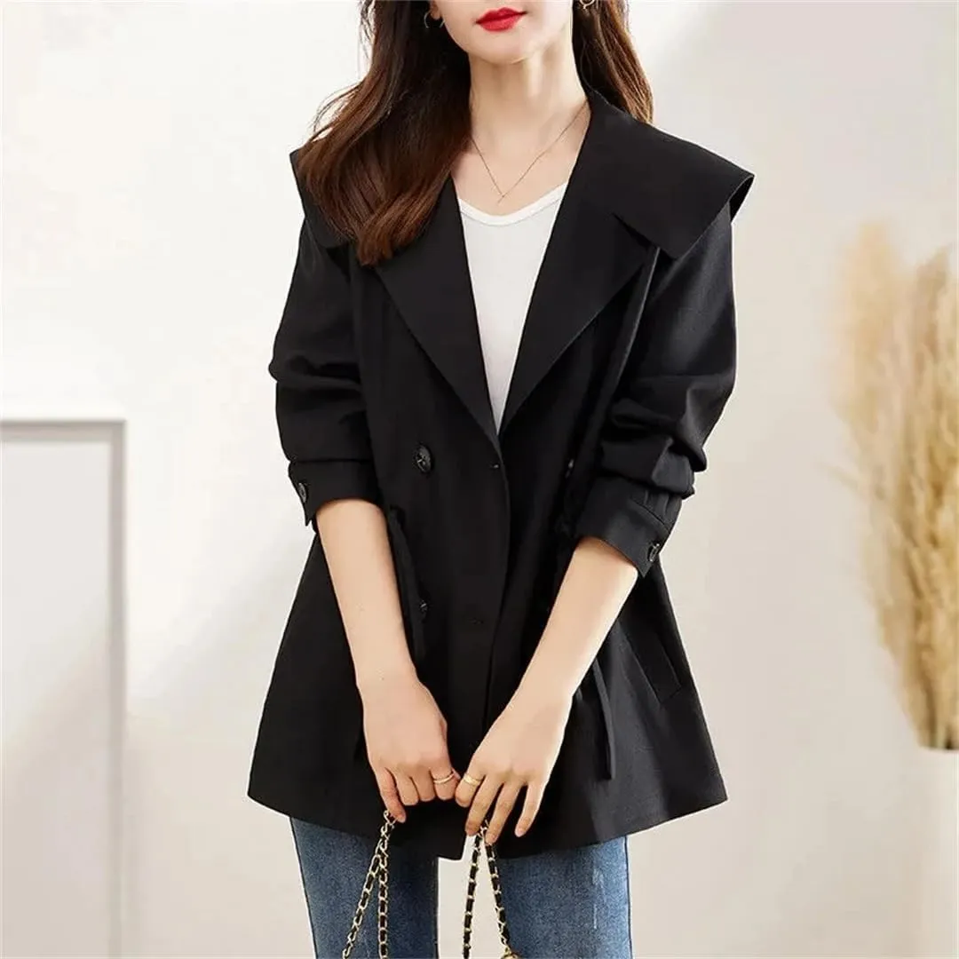 Women's Double Breasted Trench Coat Turn-Down Collar Button Jacket