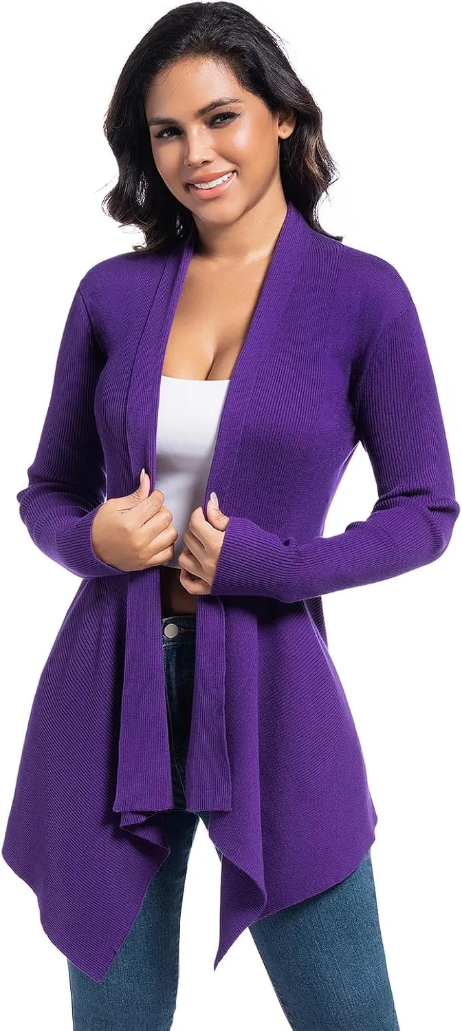 Women's Draped Open Front Cardigan, Soft Ribbed Knit Outerwear with Asymmetrical Hem Lightweight Long Sleeve Sweater
