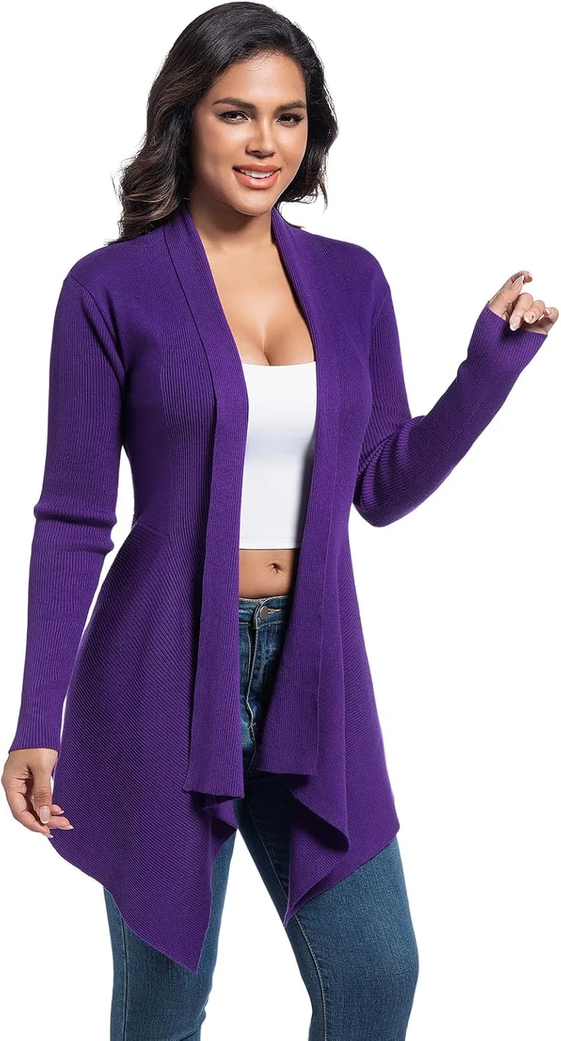 Women's Draped Open Front Cardigan, Soft Ribbed Knit Outerwear with Asymmetrical Hem Lightweight Long Sleeve Sweater