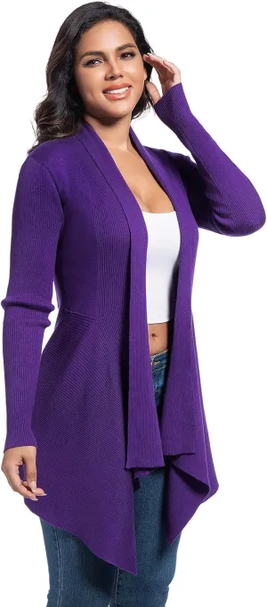 Women's Draped Open Front Cardigan, Soft Ribbed Knit Outerwear with Asymmetrical Hem Lightweight Long Sleeve Sweater