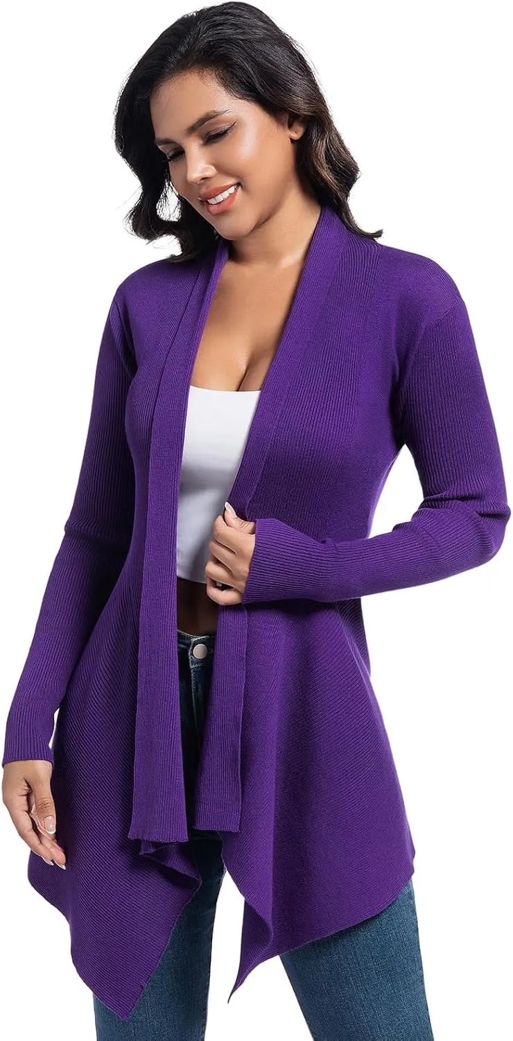 Women's Draped Open Front Cardigan, Soft Ribbed Knit Outerwear with Asymmetrical Hem Lightweight Long Sleeve Sweater
