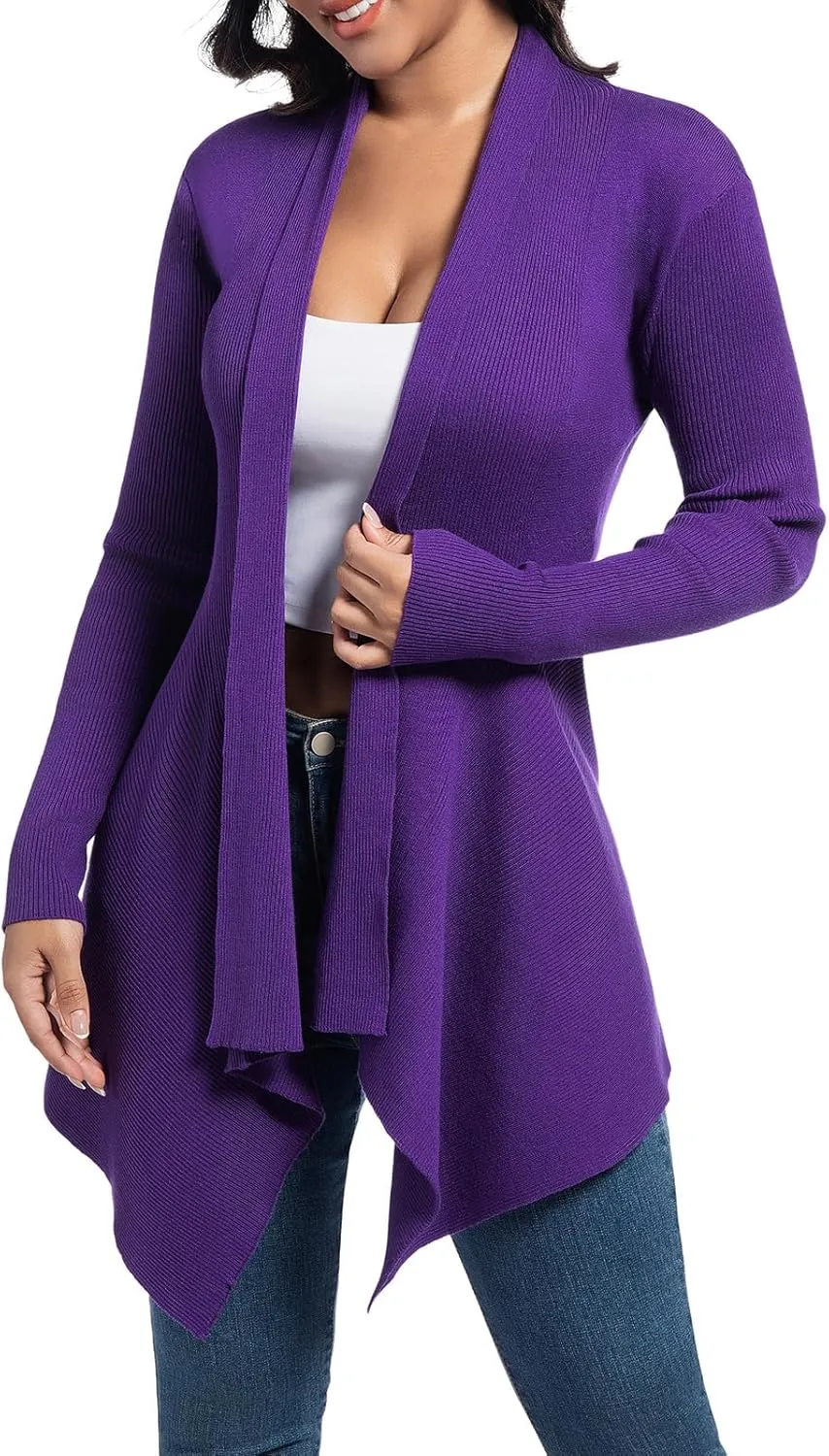 Women's Draped Open Front Cardigan, Soft Ribbed Knit Outerwear with Asymmetrical Hem Lightweight Long Sleeve Sweater