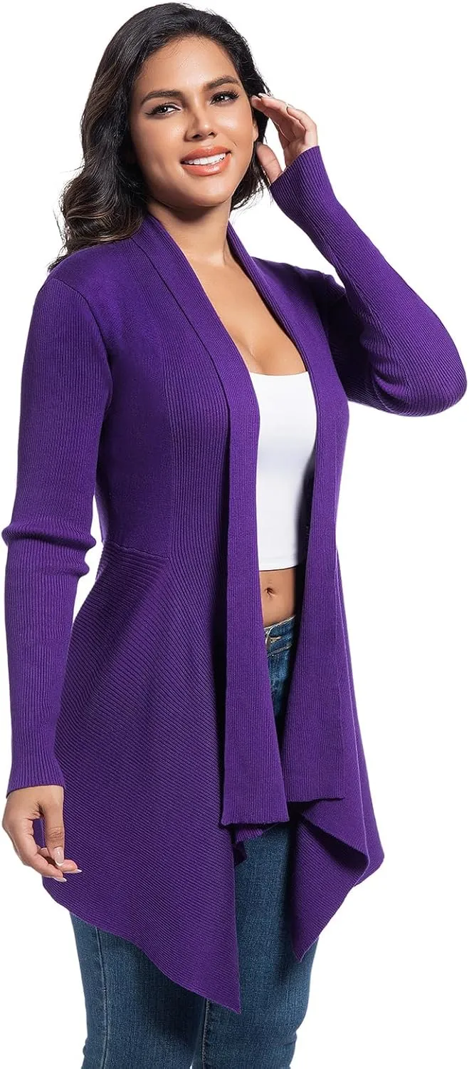 Women's Draped Open Front Cardigan, Soft Ribbed Knit Outerwear with Asymmetrical Hem Lightweight Long Sleeve Sweater