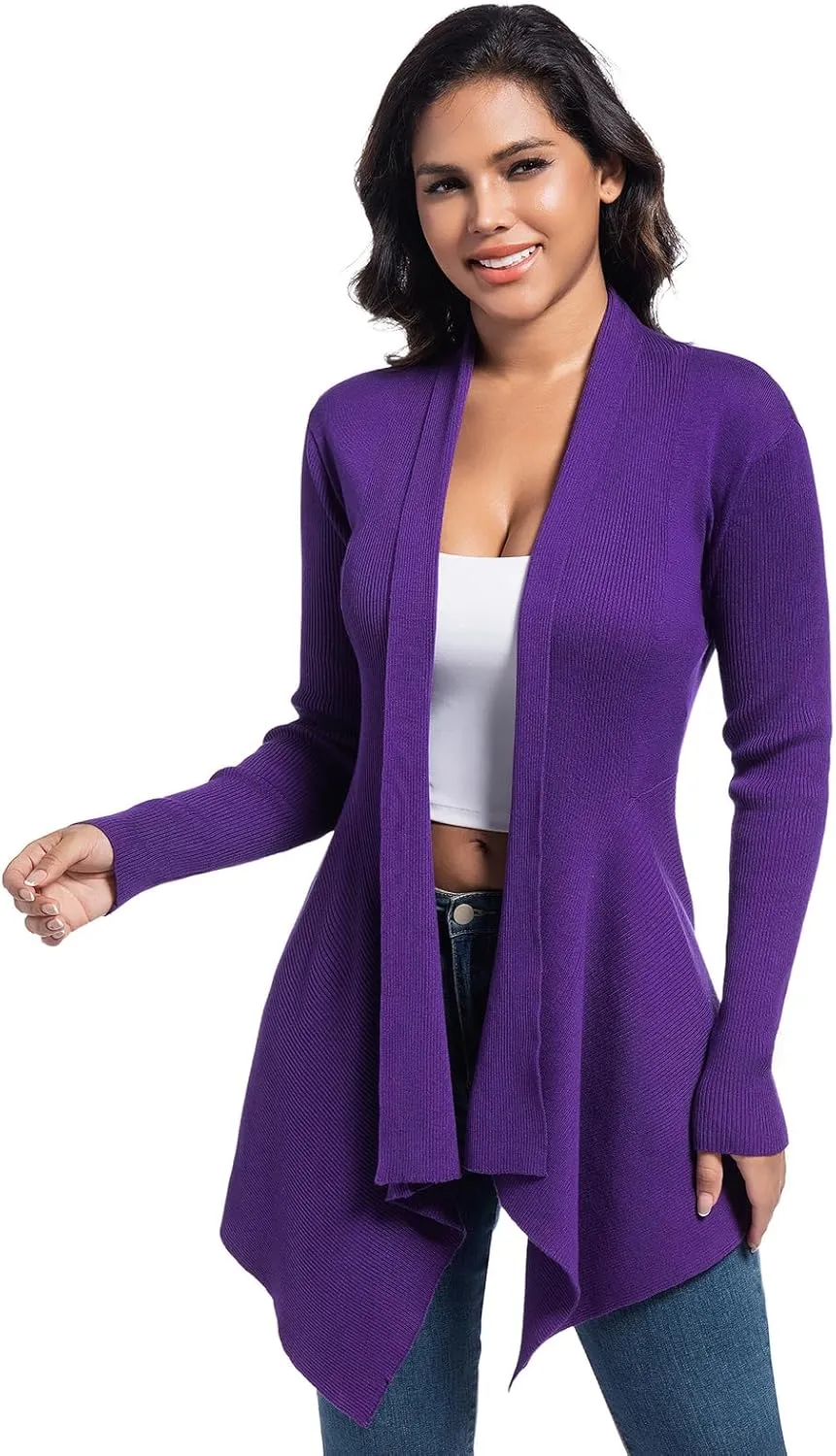 Women's Draped Open Front Cardigan, Soft Ribbed Knit Outerwear with Asymmetrical Hem Lightweight Long Sleeve Sweater