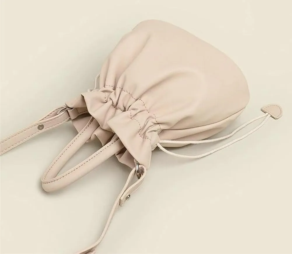 Women's Drawstring Bucket Bag Soft Leather Pleated Pop Fashion One-shoulder Cross-body Bag Vintage Versatile Tote Bag