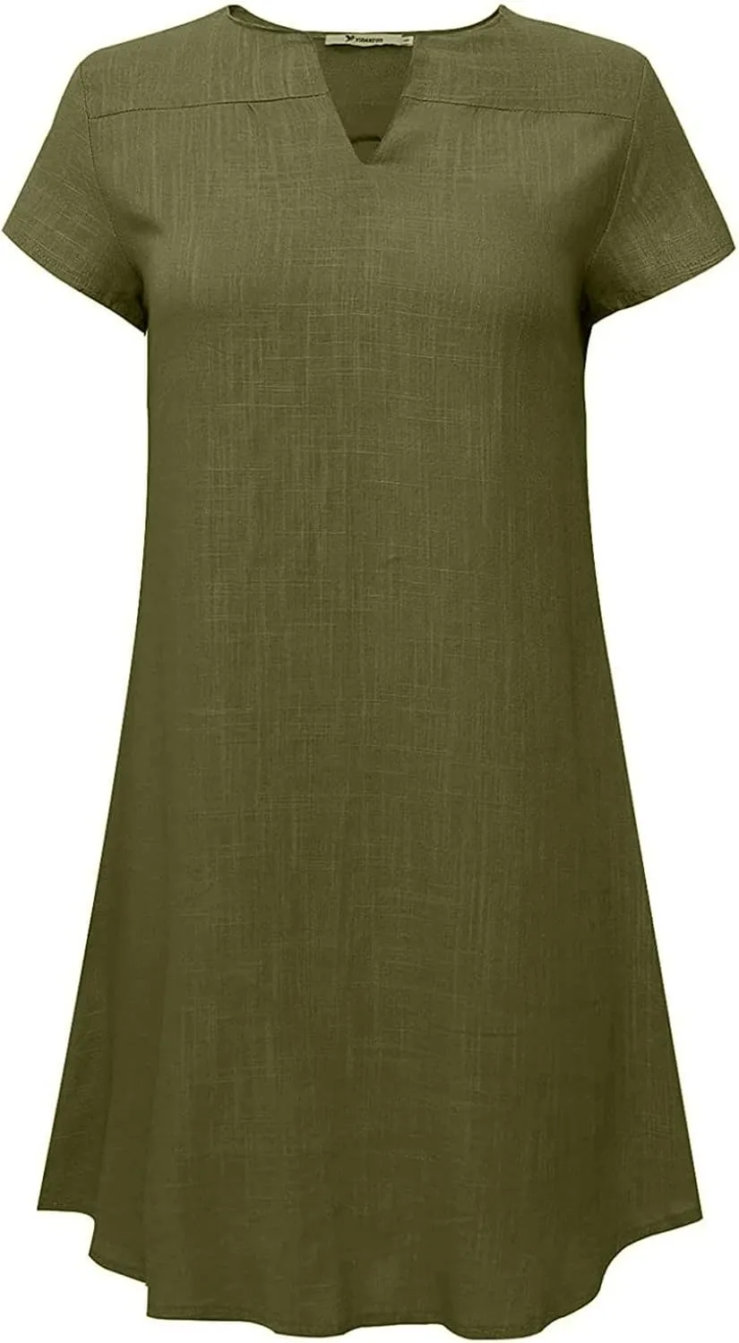 Womens Dress Plus Size Short Sleeve Notch Neck Mini Dress Summer Loose Comfy Cotton Linen Dresses for Teen Girls