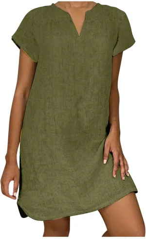 Womens Dress Plus Size Short Sleeve Notch Neck Mini Dress Summer Loose Comfy Cotton Linen Dresses for Teen Girls